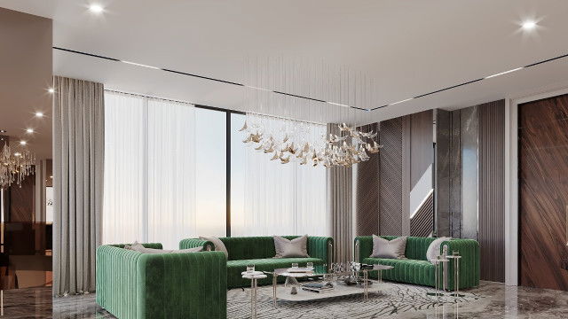 Modern interior with curved furniture, white walls, and hardwood flooring.