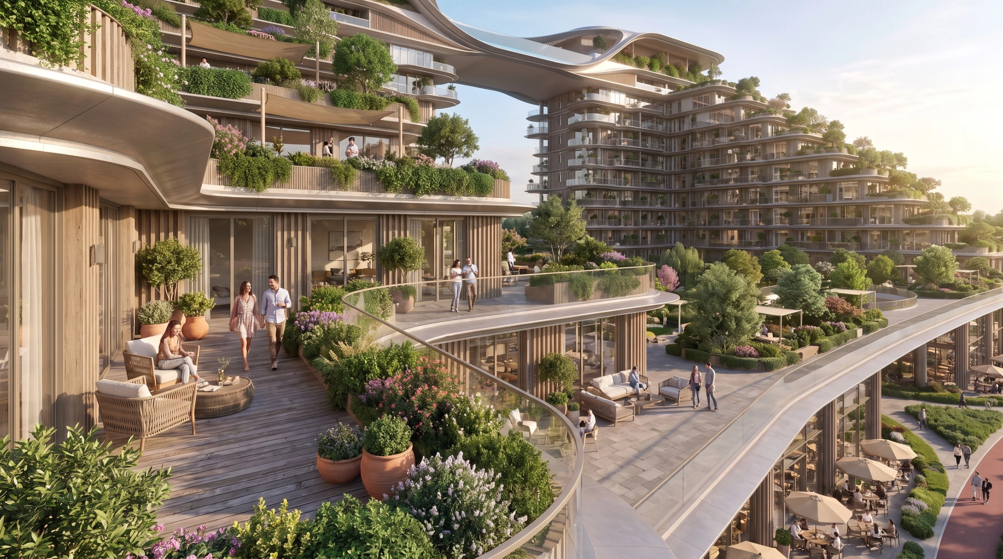 ASAAS Towers residential terrace balcony with garden planting and tower view