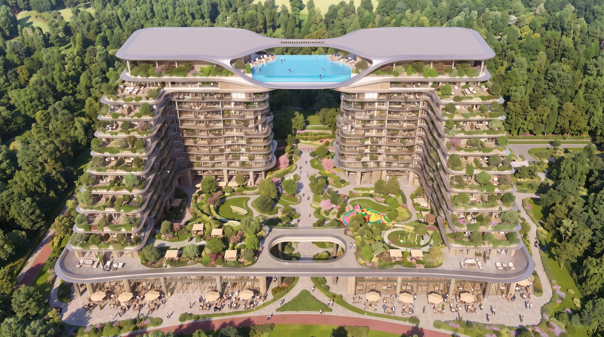 ASAAS Towers tower terrace cafe with landscaped gardens and residents