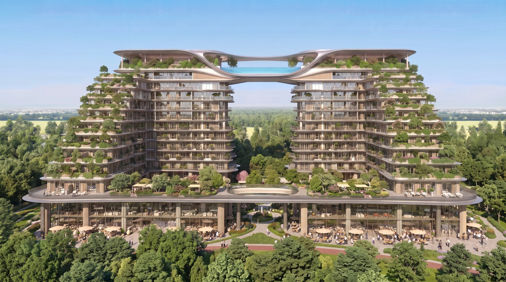 ASAAS Towers twin residential towers front view with sky-bridge infinity pool by Antonovich Group
