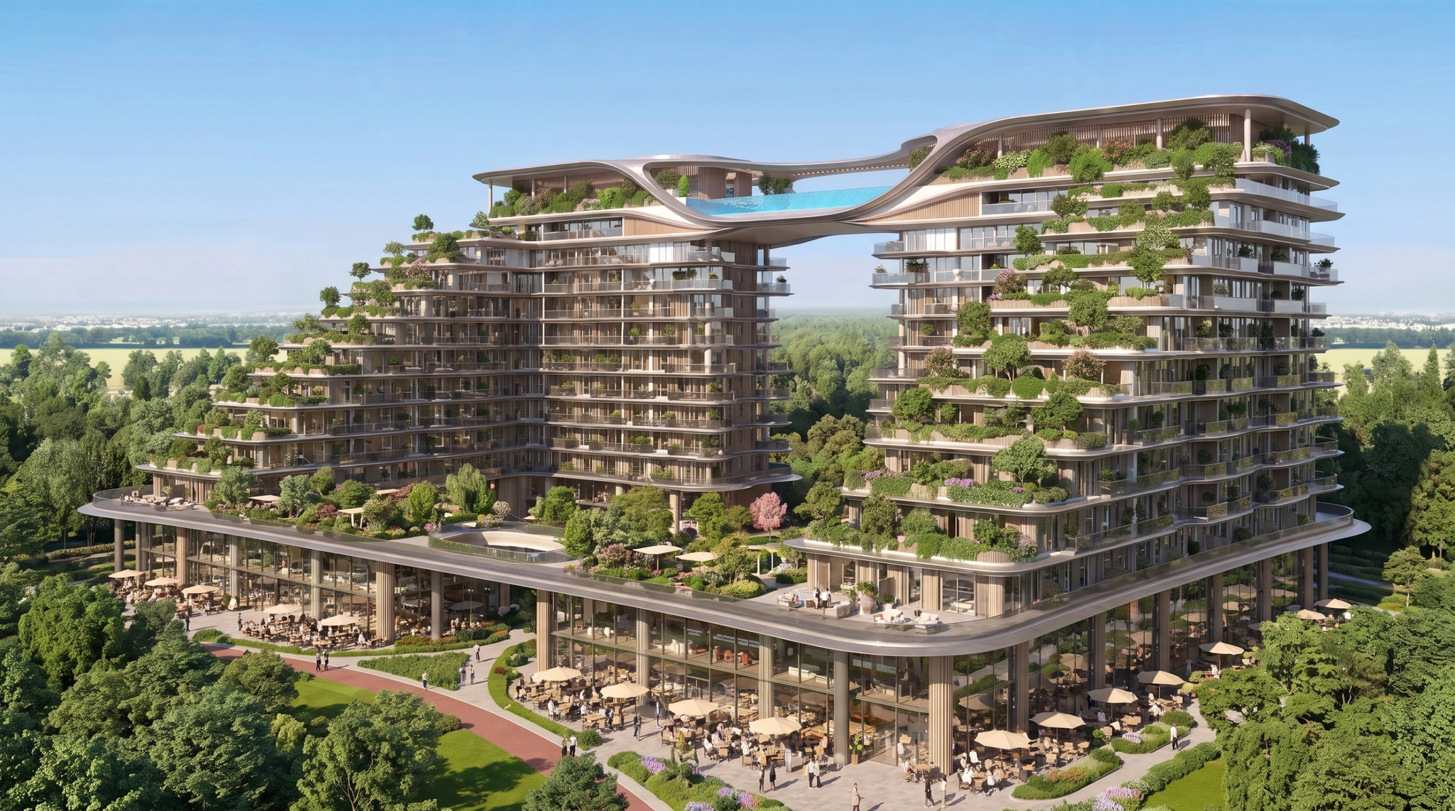ASAAS Towers twin towers and landscaped podium with cafes aerial view