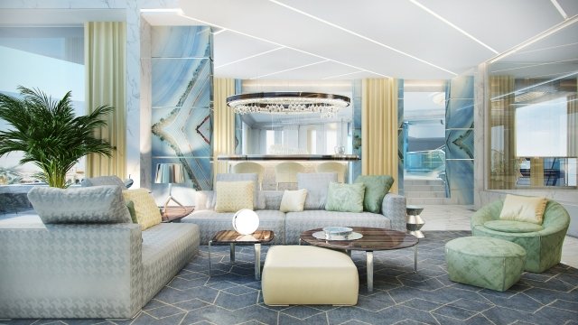 The picture shows a close-up view of a bluebird perched on a tree branch. The bird is facing away from the camera, and its wings are spread. Its feathers are a light blue color, and its tail is long and pointy. The bird's beak is partially open, revealing a yellow tongue. In the background, there is a lush forest with tall green trees stretching into the sky.