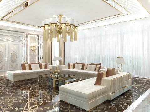 Modern bedroom with large windows, wall paneling, gray furniture, and light blue rug.