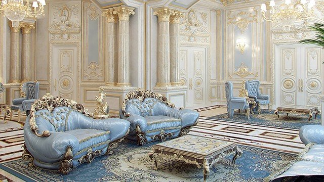 Роскошный дизайн гостиной в Кении — голубо‑золотая палитра