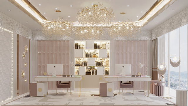 تصميم مكتب منزلي فاخر باللون الوردي