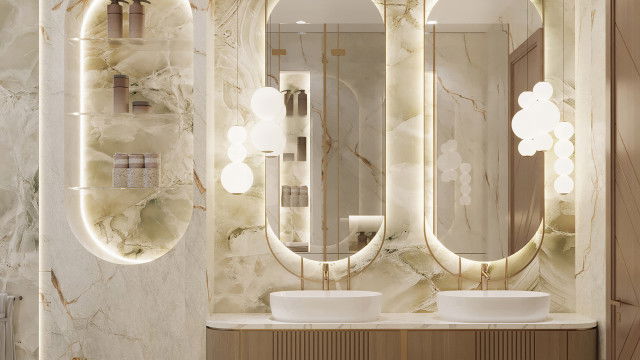 Роскошный интерьер ванной комнаты с окном