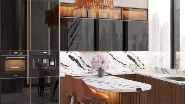 Современный дизайн кухни в Дубае: светлая мраморная элегантность