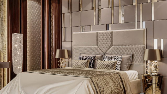Элегантность в дизайне спальни: золото и дерево