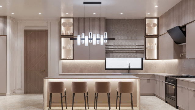 Футуристический дизайн кухни: нейтральные тона, мрамор и золото