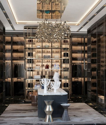 Роскошный дизайн гардеробной — кремово‑золотая палитра и мебель на заказ