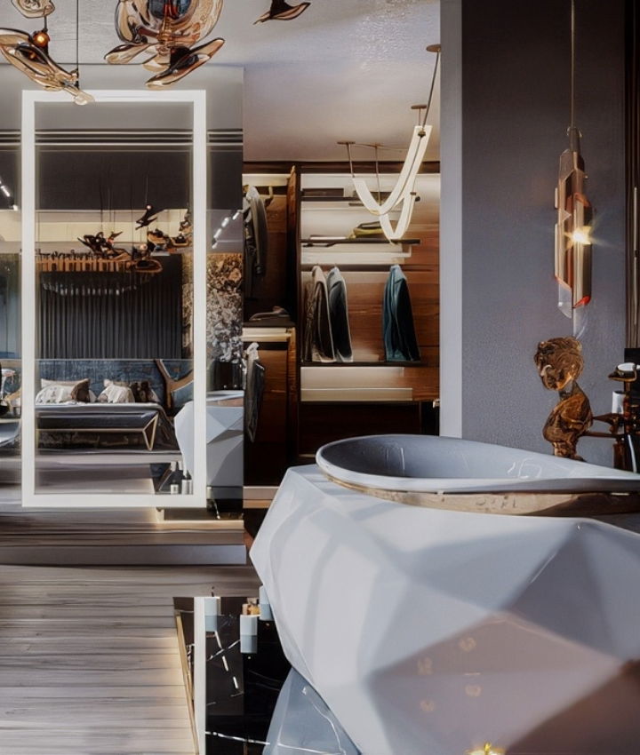تصميم داخلي لحمام رئيسي باللون الداكن