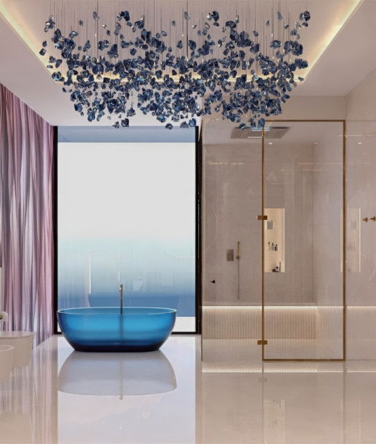 التصميم الداخلي للحمام في اللون الكريمي - الوردي