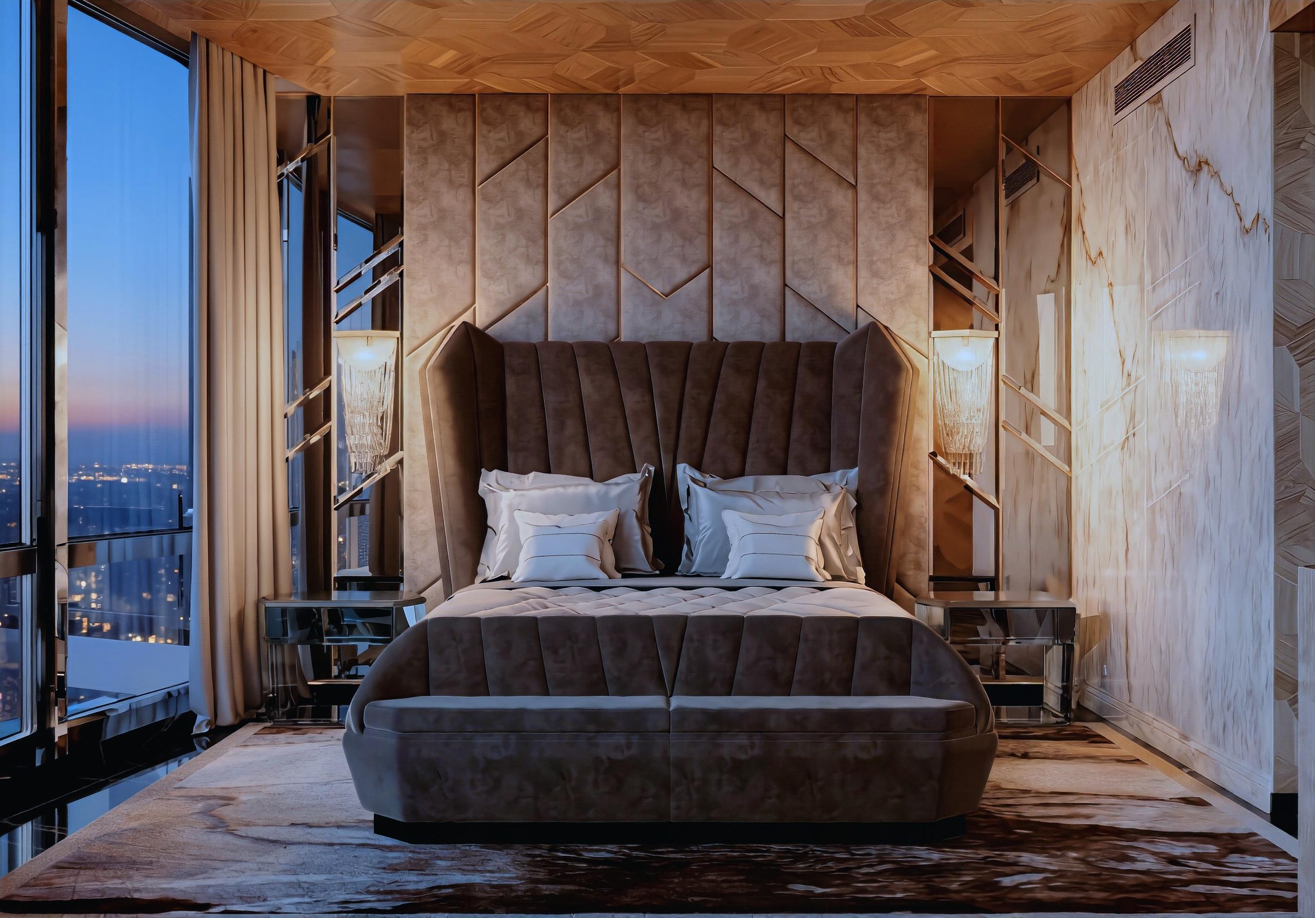 Яркий дизайн спальни с золотыми акцентами