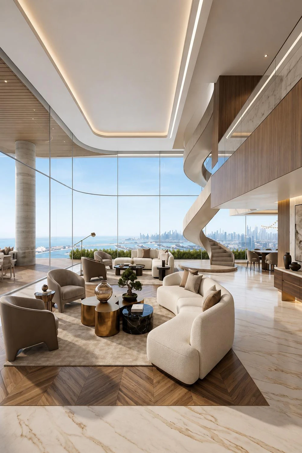 Penthouse interior with panoramic sea views in Dubai Creek Harbour