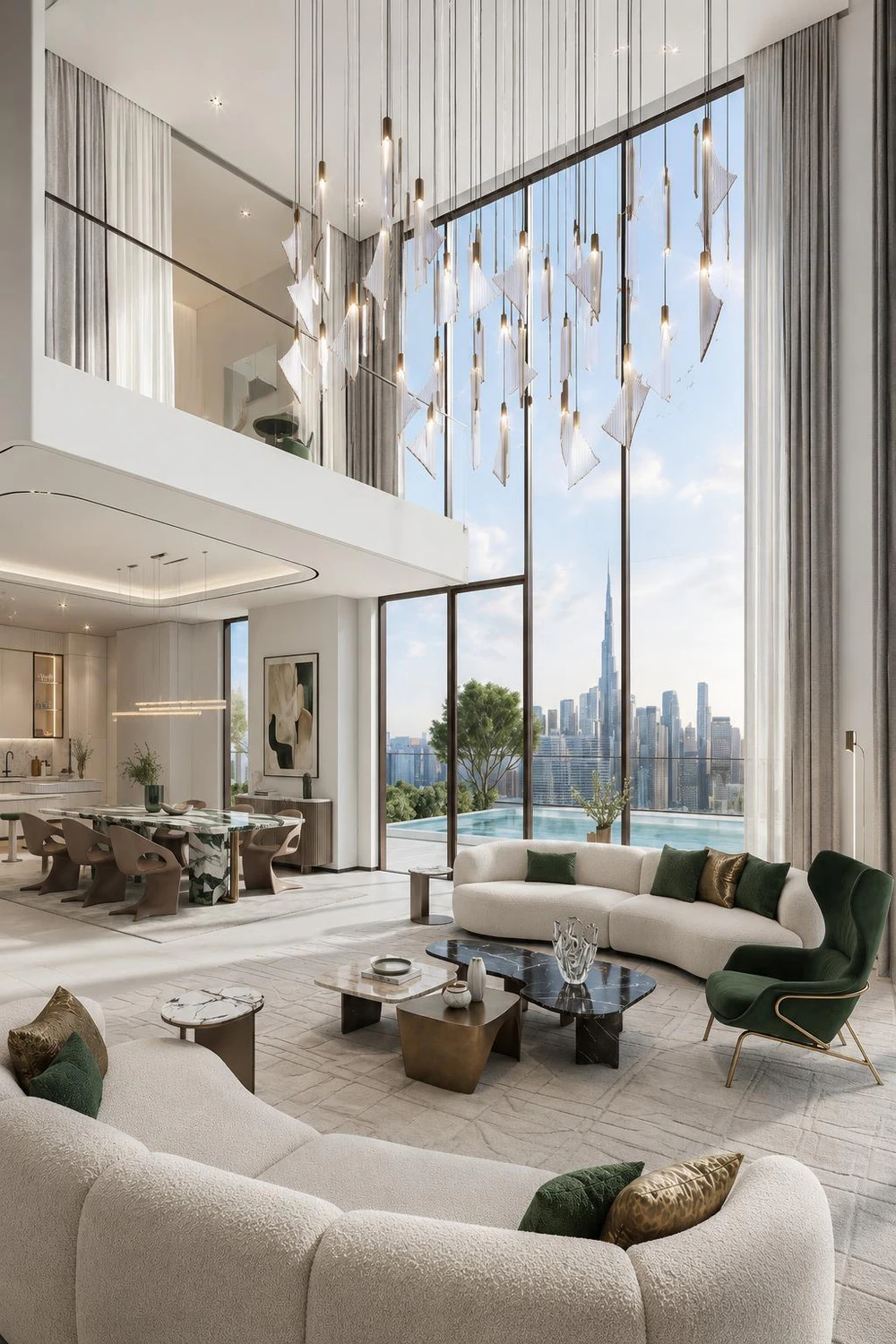 Modern double-height penthouse interior with city views