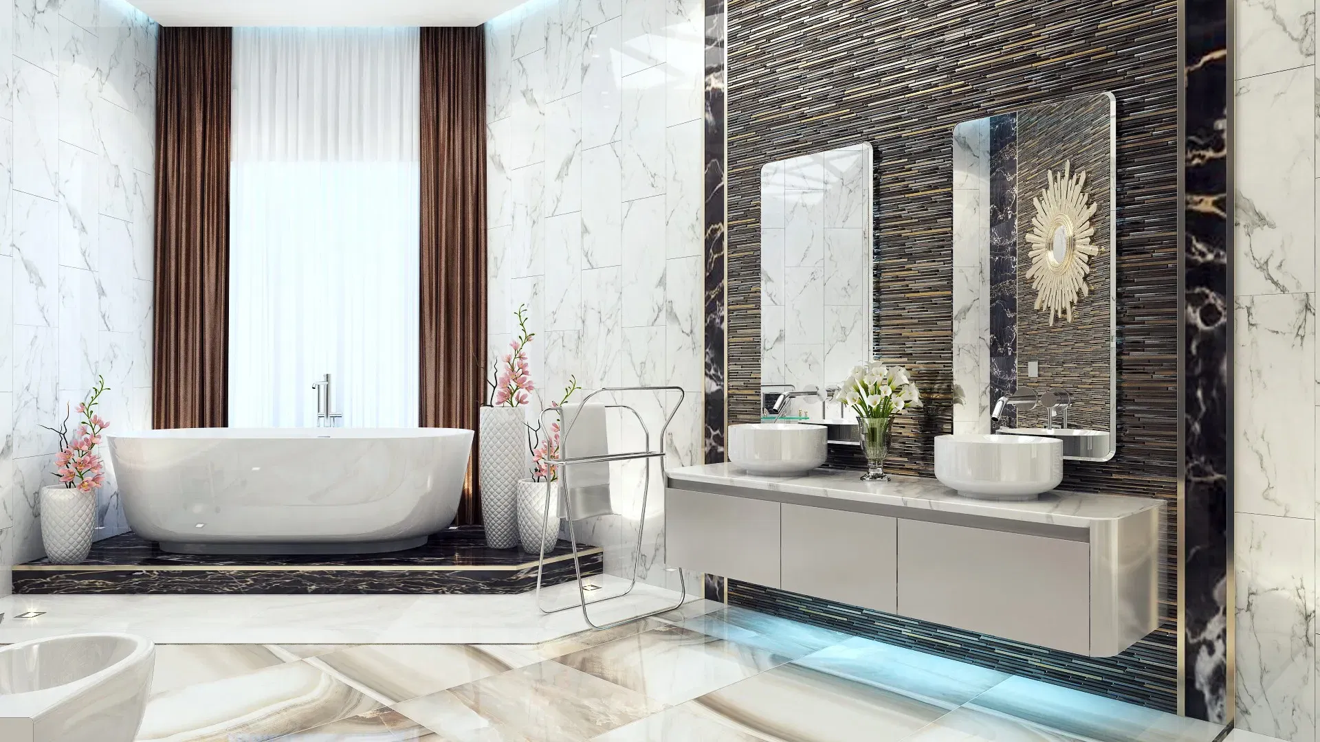 Элегантное современное гламурное преображение ванной