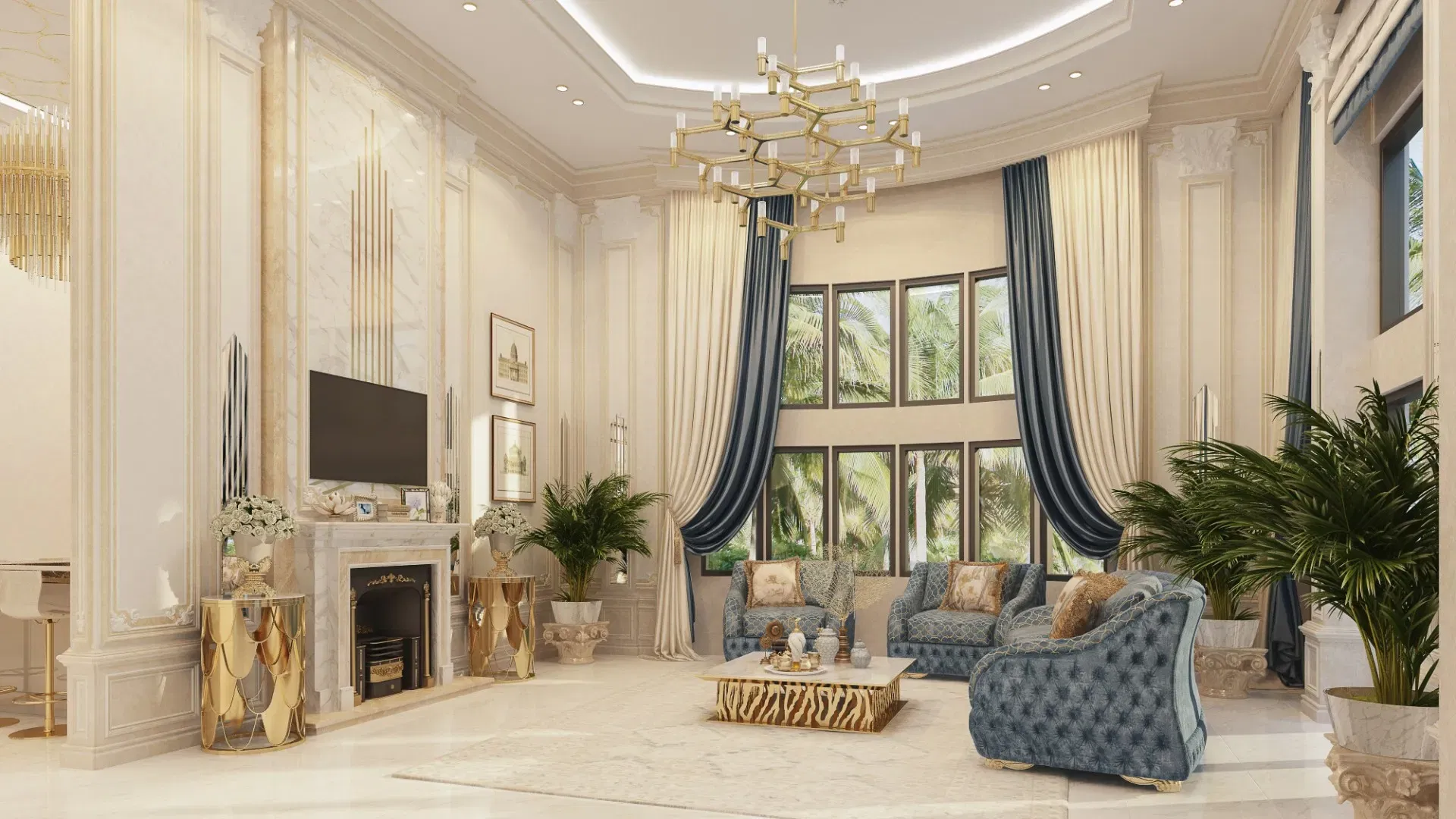 Элегантный дизайн гостиной с золотыми акцентами