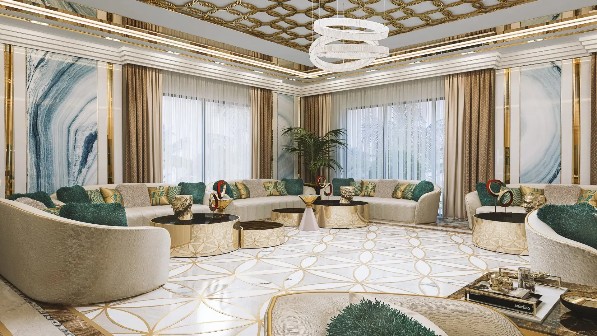 غرفة معيشة زمردية فاخرة: قمة الفخامة