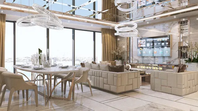 دمج غرفة المعيشة وغرفة الطعام لتصميم داخلي فاخر