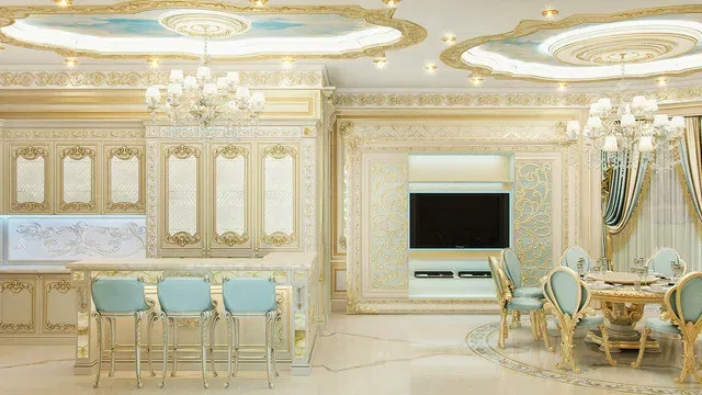 Изысканный классический дизайн кухни с обеденной зоной