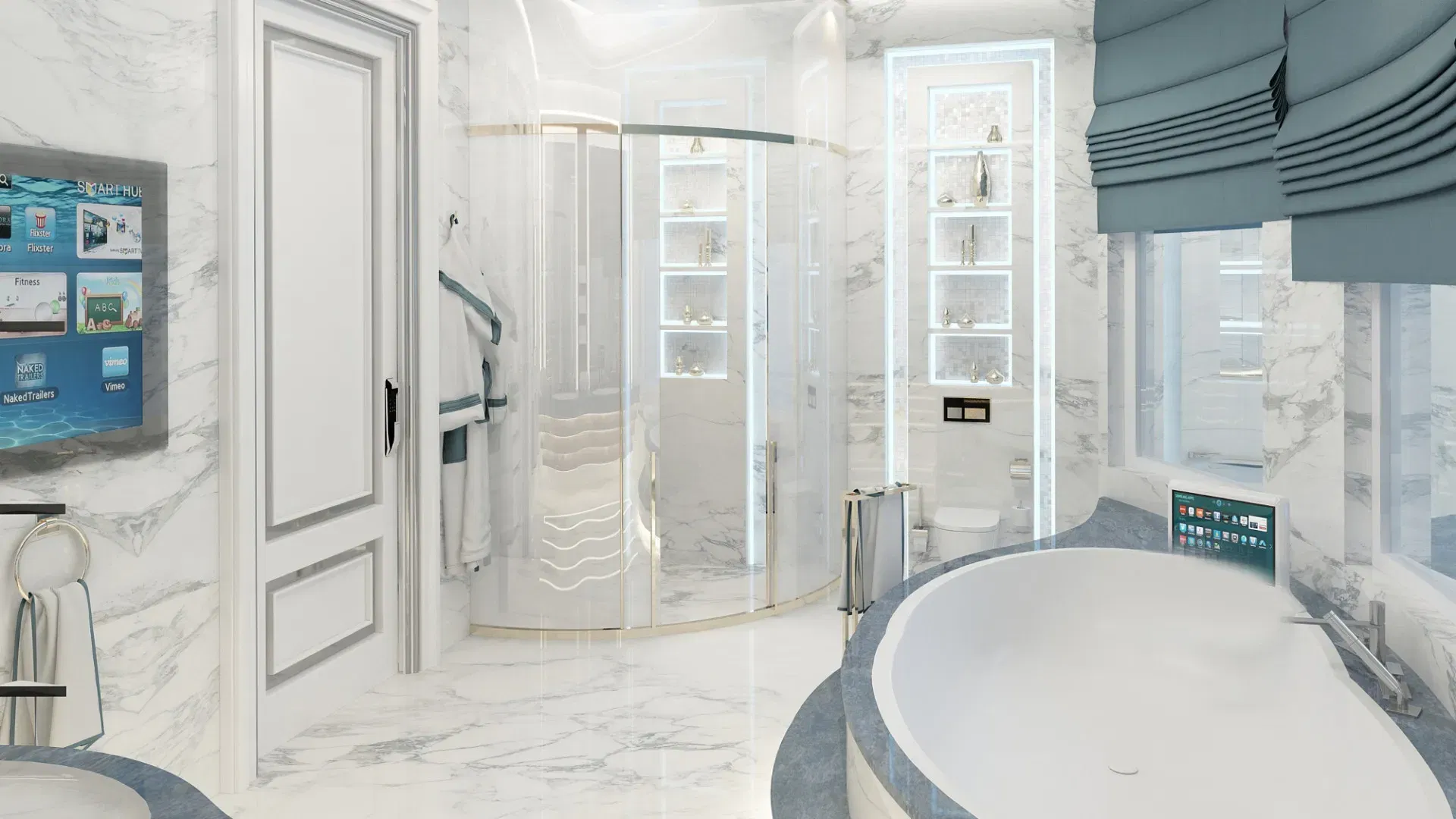 Идеи роскошного дизайна ванной комнаты: мрамор, зеркала, детали