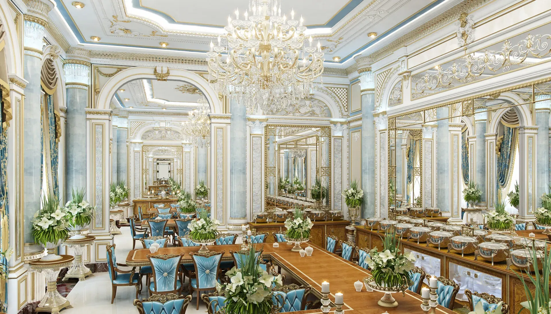 Роскошный дизайн столовой: неоклассическая элегантность