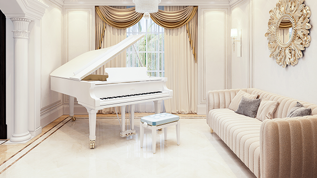 Elegant Piano Room in a Pristine Royal Interior