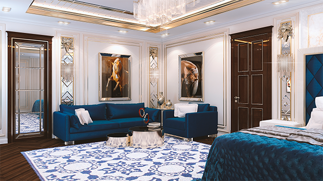 Элегантный дизайн спальни в синих тонах для роскошного отдыха