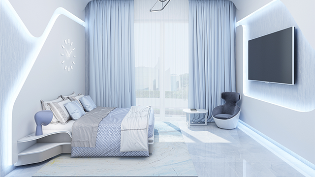 Инновационный футуристический интерьер спальни для современного дома