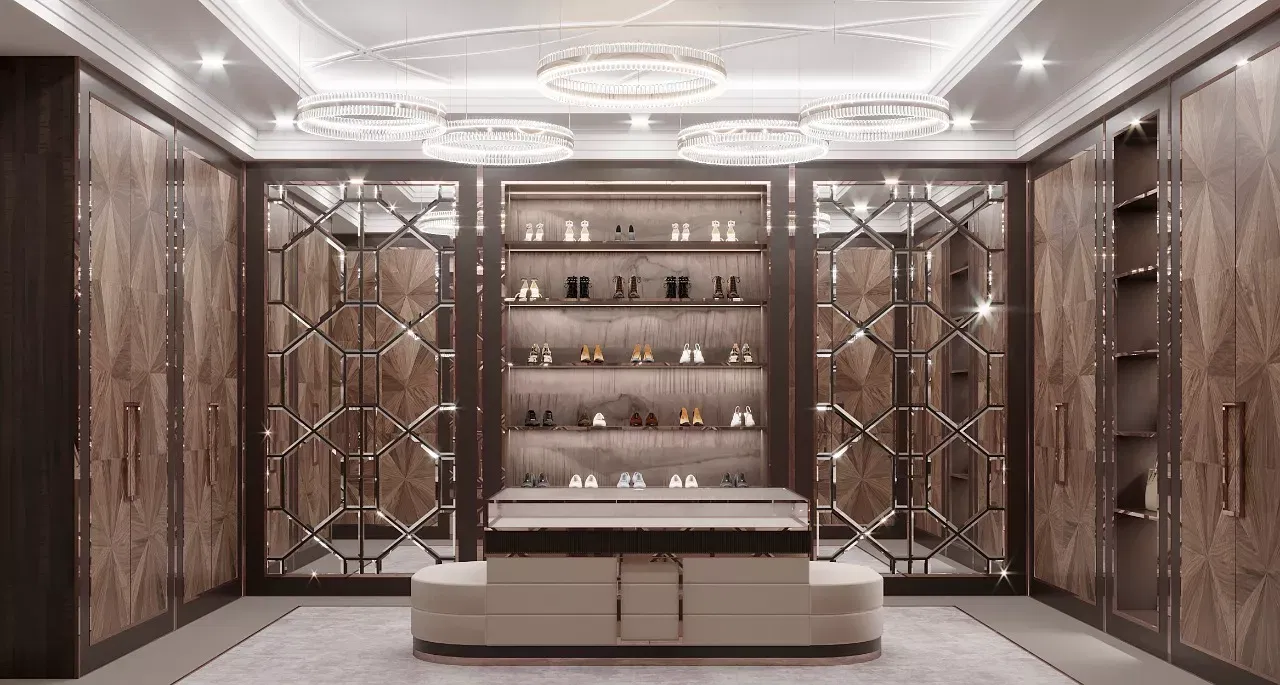 أفكار تصميم غرفة ملابس بنية فاخرة للمنزل