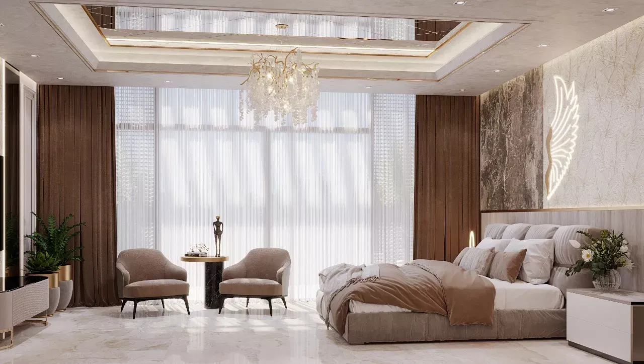 ثيمة بنية فاخرة لغرفة نوم معاصرة في دبي