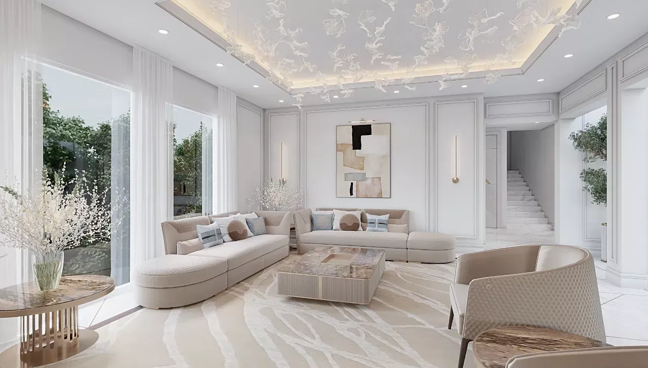 إتقان تصميم غرفة معيشة مفتوحة وفسيحة لفيلات دبي