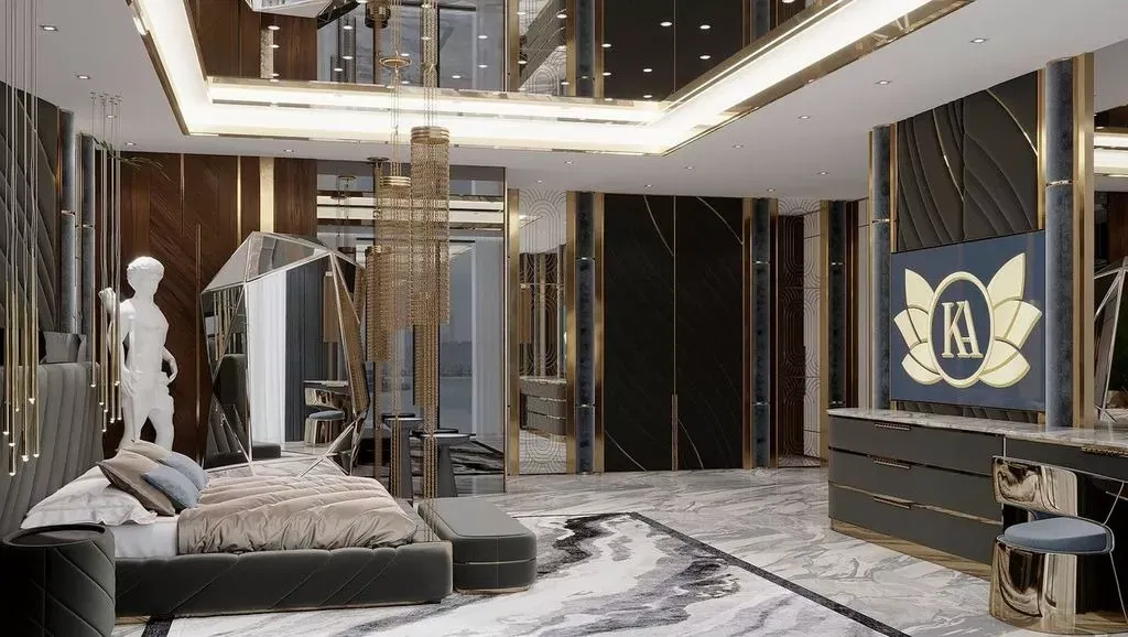 تصميم داخلي ذهبي داكن لأناقة غرف النوم والفلل