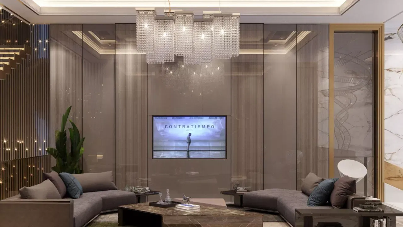 ديكور غرفة المعيشة البني العصري لمساحة فاخرة