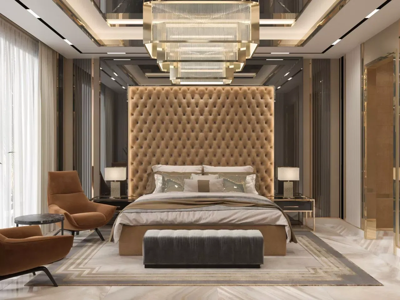 غرف نوم فاخرة بنية وذهبية — أفخم تصميم داخلي في دبي