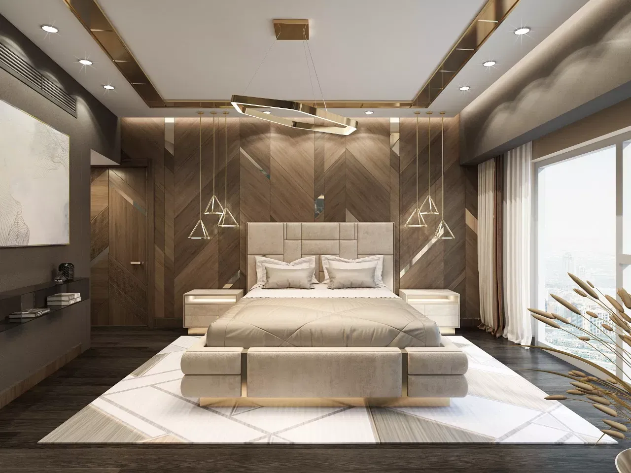 تصميم غرفة نوم مريحة وفاخرة مع مكتب صغير