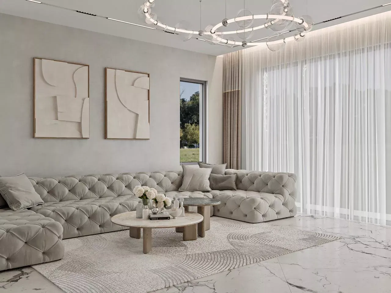 أفكار تصميم غرفة معيشة فاخرة باللون الأبيض