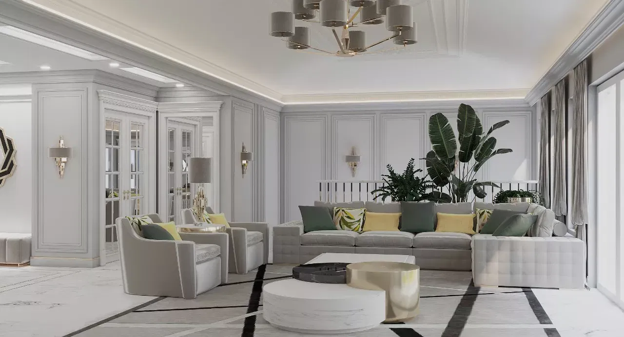 تصاميم غرف معيشة بيضاء فاخرة لمنازل دبي