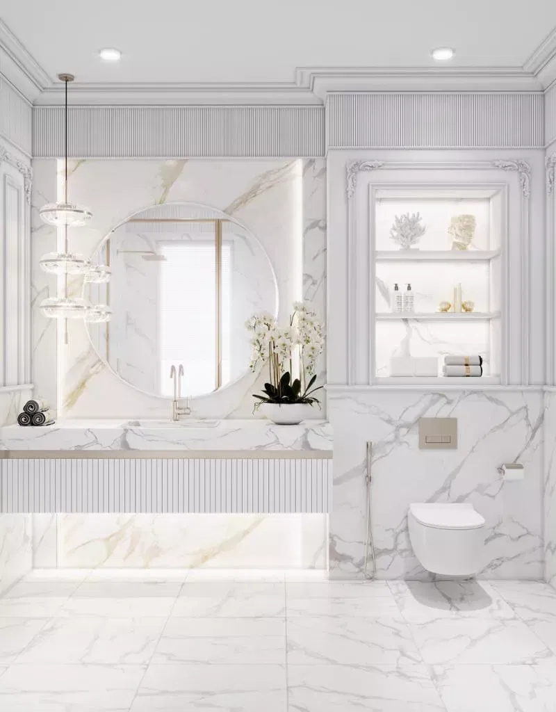 إتقان فن بلاط الرخام الفاخر لحمام عصري