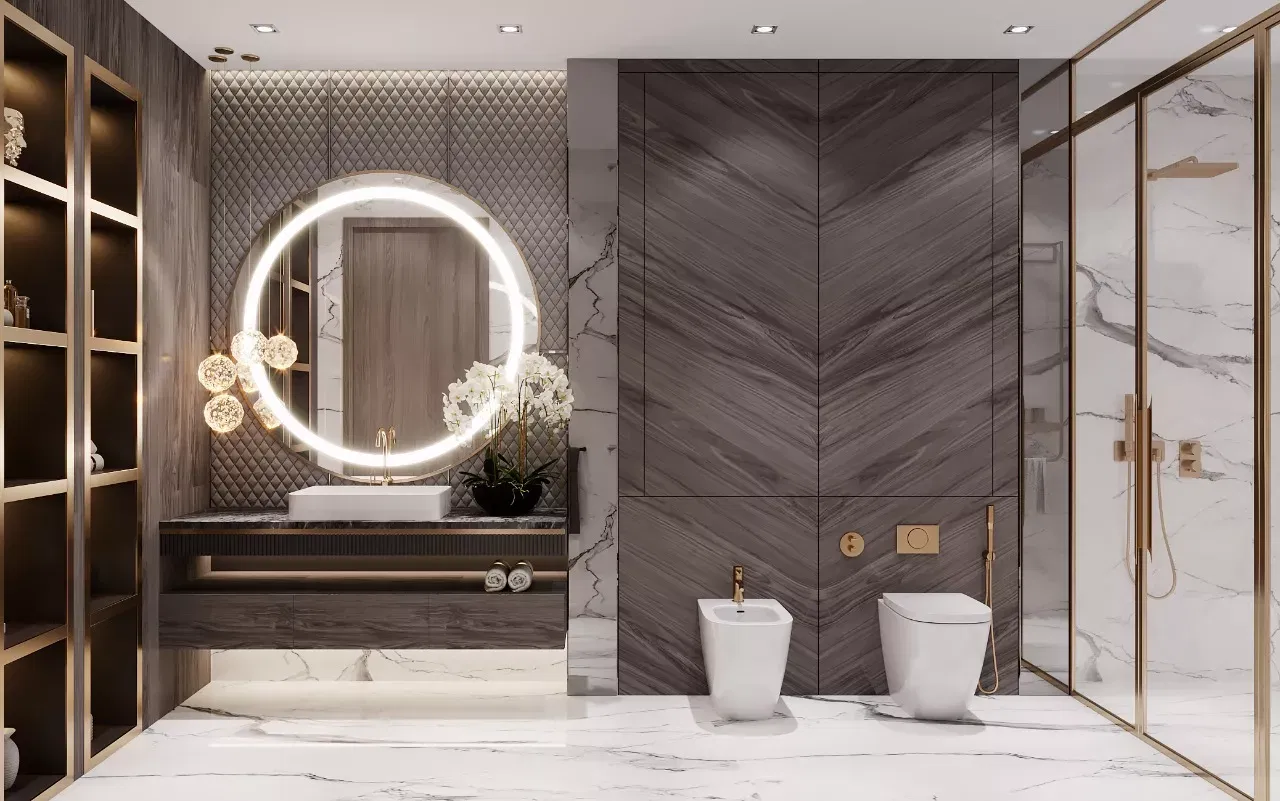 تصميم حمام فاخر في دبي: دليل المواد والأثاث والإضاءة