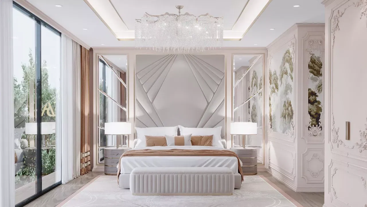 تصميم غرفة نوم بنية وبيضاء أنيقة