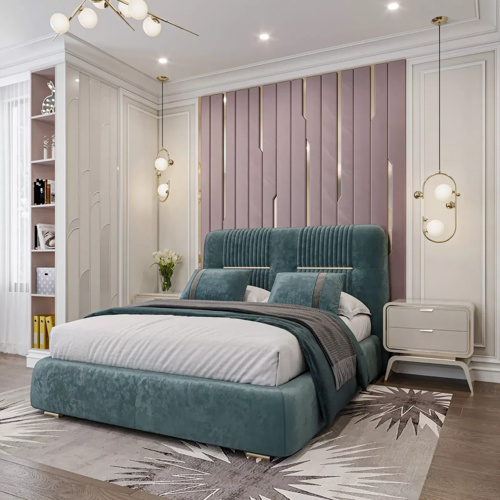 Elegant Green and Pink Themed Luxury Bedroom