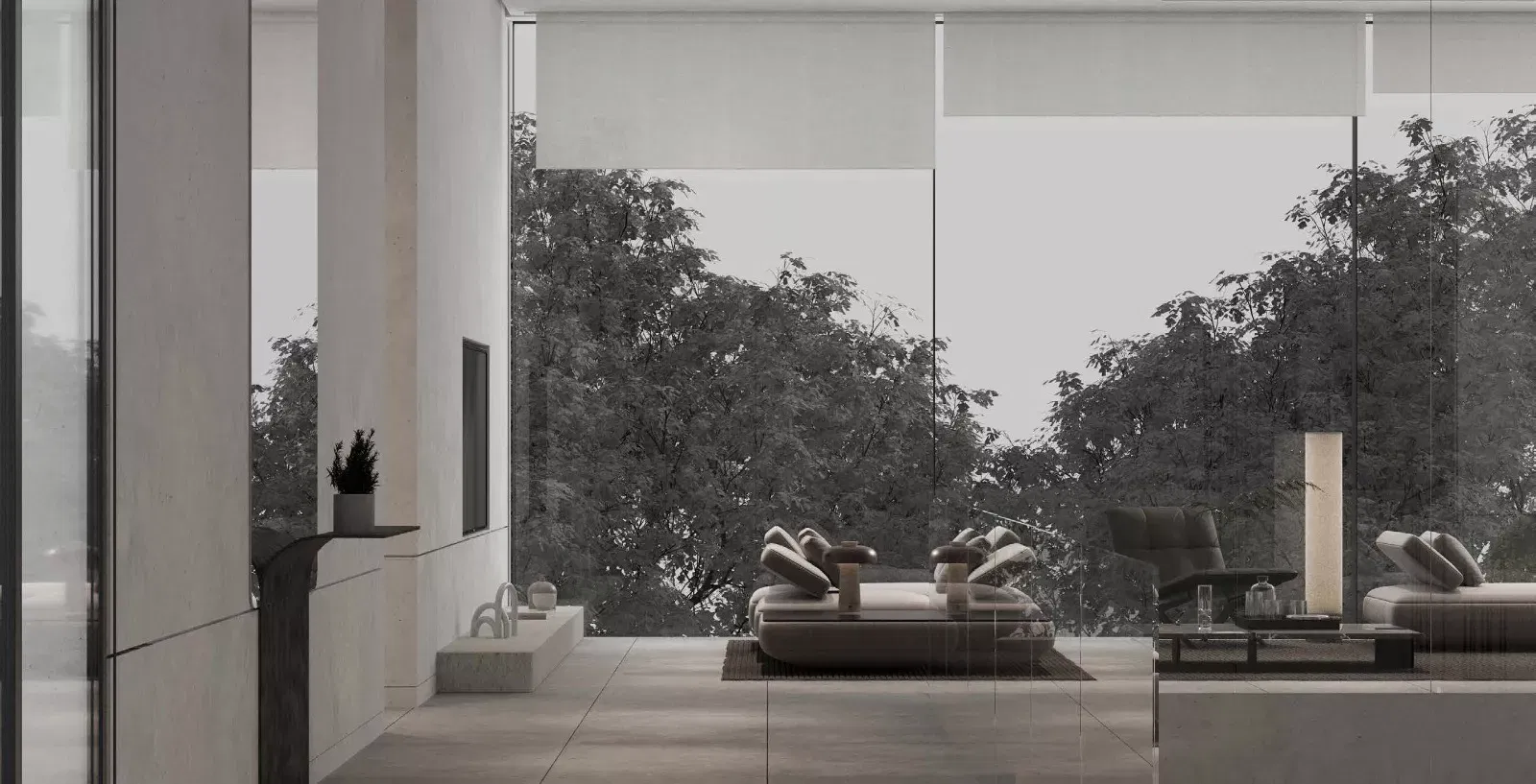 Benefits of Floor-to-Ceiling Glass Windows in Neutral Contemporary Interior Design