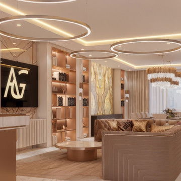 تصميم داخلي فاخر لغرفة معيشة وغرفة طعام بتخطيط مفتوح