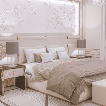 Spacious Luxury Bedroom Interior Design with a Sitting Area by Antonovich Group