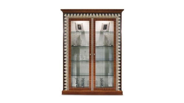 Elegant display cabinet 2 doors walnut and ashwood showcase with silver details