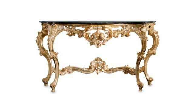 Luxury Hand-carved console table with marble top, in white washed gold finishing