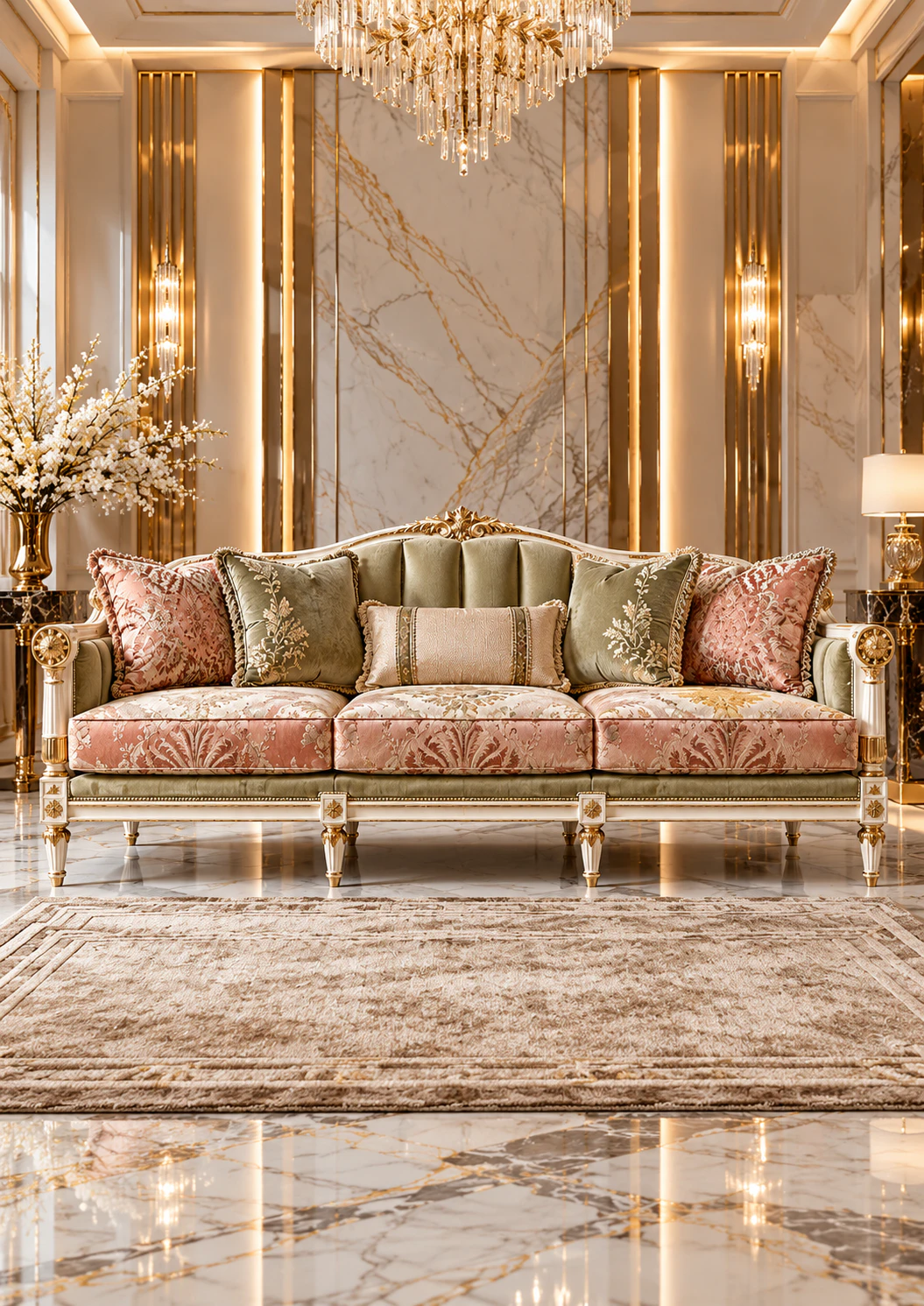 Classy Ivory lacquered 3 seater sofa with gold leaf details